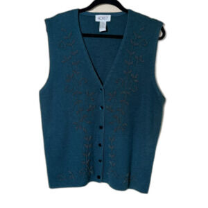 VTG Koret Emerald Green Beaded Sweater Vest MED Y2K Cottage Boho Holiday